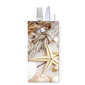 Busta portaposate Sea Shells con tovagliolo 38x38   - Buste Porta Posate Di Carta